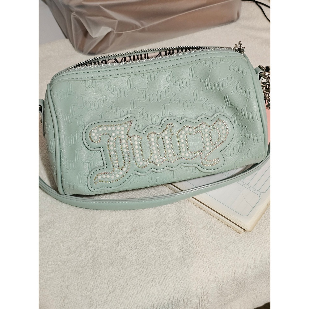 Juicy Couture Embossed Monogram Crossbody‎ Bag Mint Green w/ Rhinestone Logo